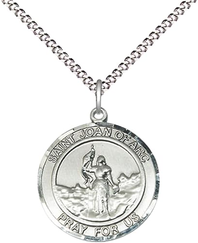 Medium Women's Pewter Saint St. Joan of Arc Medal Pendant on 18 Inch Rhodium Plated Lite Curb Brass Chain w/ Lobster Claw clasp, Catholic Religious Necklace - Made in USA - Deluxe Velvet Gift Box