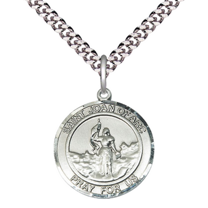 Mens Medium Round Pewter Saint St. Joan of Arc Medal Pendant on 24 Inch Rhodium Plated Heavy Curb Brass Chain with Lobster Claw Clasp, Catholic Religious Necklace - Made in USA- Deluxe Velvet Gift Box