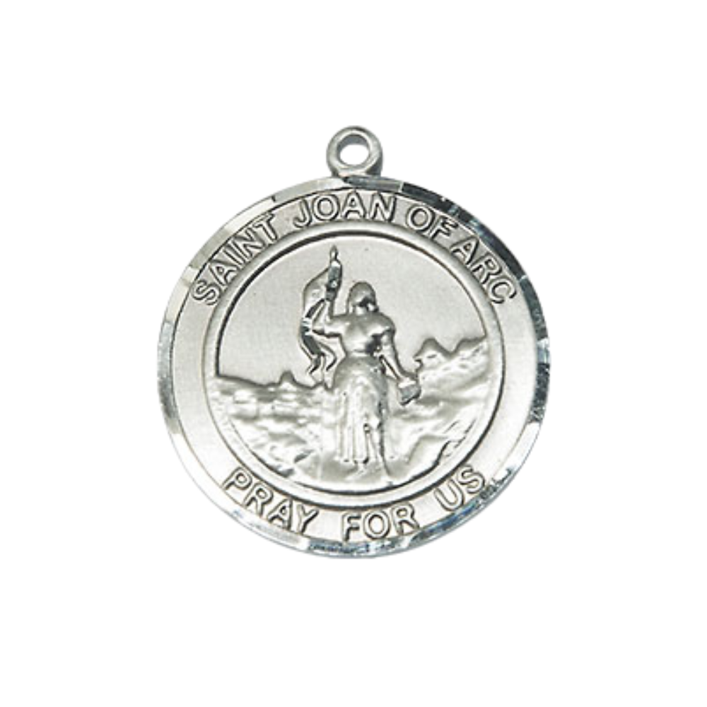Everlasting Light Jewelry Medium Men's Pewter Saint St. Joan of Arc Medal Pendant on 24 Inch Endless Rhodium Plated Heavy Curb Brass Chain, Catholic Religious Necklace - Made in USA - Deluxe Velvet Gift Box