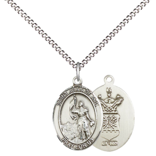 Everlasting Light Jewelry Medium Women's Pewter Saint St. Joan of Arc Air Force Pendant Necklace on 18- inch Rhodium- Plated Lite Curb Brass Chain – Patron Saint St. of Soldiers and France, Catholic Medal – Velvet Gift Box Included