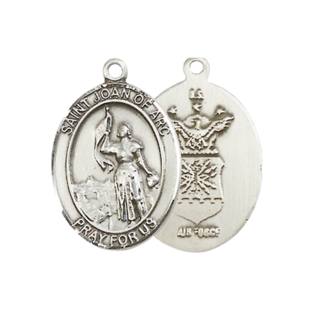Medium Women's .925 Sterling Silver Saint St. Joan of Arc Air Force Pendant Necklace on 18- Inch Rhodium Plated Lite Curb Brass Chain – Patron Saint St. of Soldiers and France, Catholic Medal – Velvet Gift Box Included