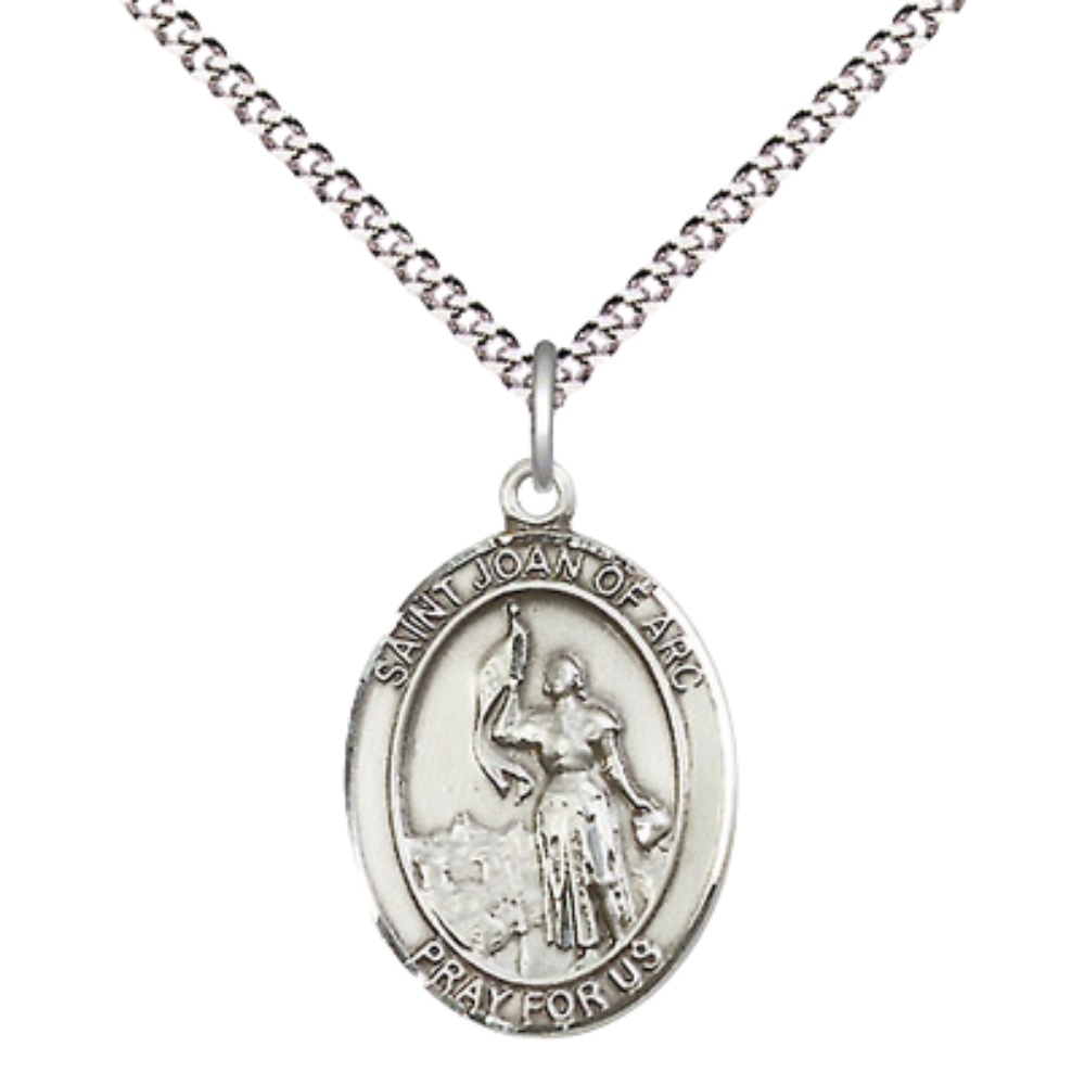 .925 Sterling Silver Saint St. Joan of Arc Medal Pendant on 18 Inch Rhodium Plated Lite Curb Brass Chain with Lobster Claw Clasp, Catholic Religious Necklace - Made in USA- Prayer Card Included