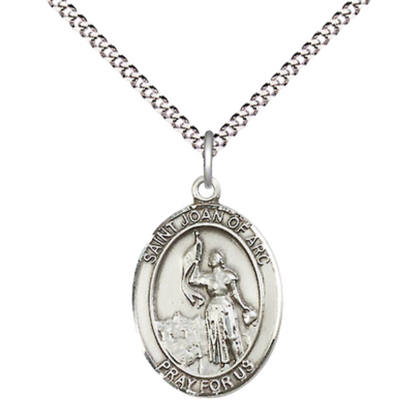Everlasting Light Jewelry Medium Women's .925 Sterling Silver Saint St. Joan of Arc Pendant Necklace on 18- Inch Rhodium Plated Lite Curb Brass Chain – Patron Saint St. of Soldiers and France, Catholic Medal – Velvet Gift Box Included