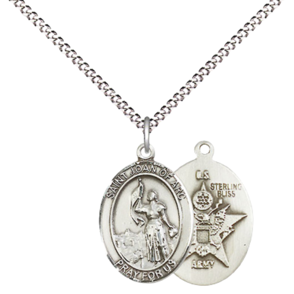 Medium Women's .925 Sterling Silver Saint St. Joan of Arc Army Pendant Necklace on 18- Inch Rhodium Plated Lite Curb Brass Chain – Patron Saint St. of Soldiers and France, Catholic Medal – Velvet Gift Box Included