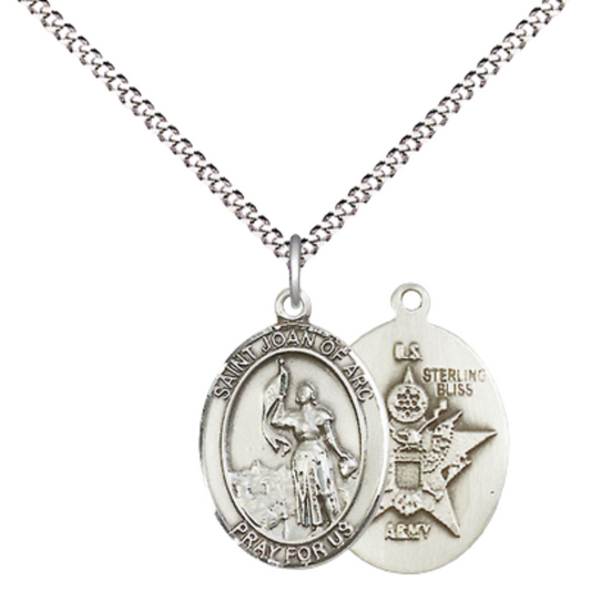 Medium Women's .925 Sterling Silver Saint St. Joan of Arc Army Pendant Necklace on 18- Inch Rhodium Plated Lite Curb Brass Chain – Patron Saint St. of Soldiers and France, Catholic Medal – Velvet Gift Box Included