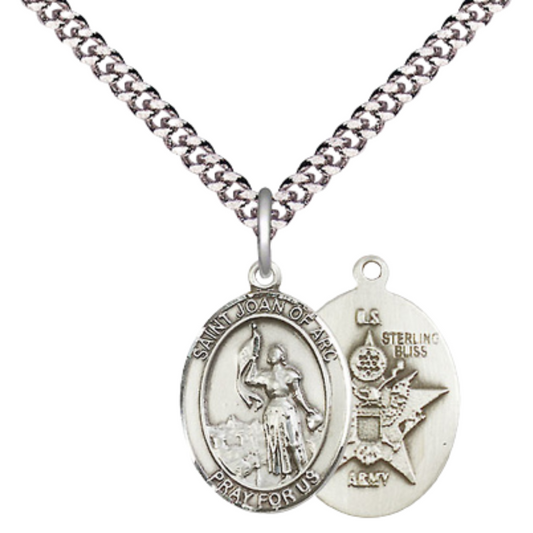 Medium Men's Sterling Silver Saint Joan of Arc Army Pendant Necklace– ¾" x ½" – 24" Rhodium Plated Chain – Patron Saint of Soldiers – Saint Joan of Arc Army Medal – Velvet Gift Box Included