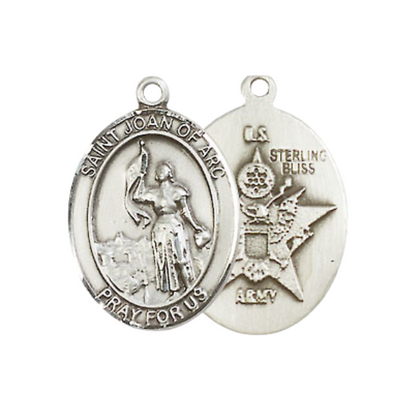 Medium Men's Sterling Silver Saint Joan of Arc Army Pendant Necklace– ¾" x ½" – 24" Rhodium Plated Chain – Patron Saint of Soldiers – Saint Joan of Arc Army Medal – Velvet Gift Box Included