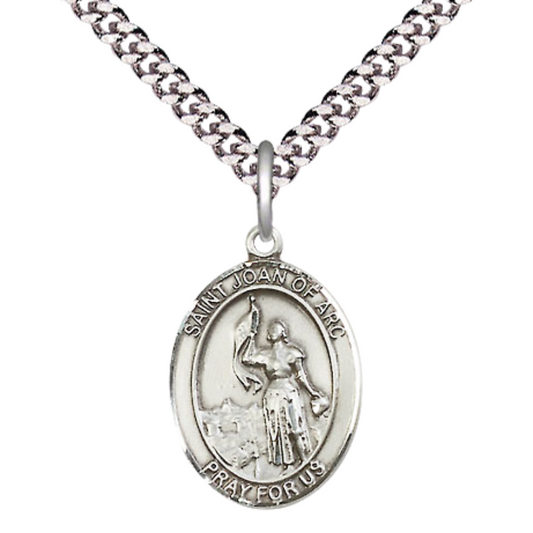 Everlasting Light Jewelry Medium Men's Pewter Saint St. Joan of Arc Medal Pendant on 24 Inch Endless Rhodium Plated Heavy Curb Brass Chain, Catholic Religious Necklace - Made in USA- Deluxe Velvet Gift Box