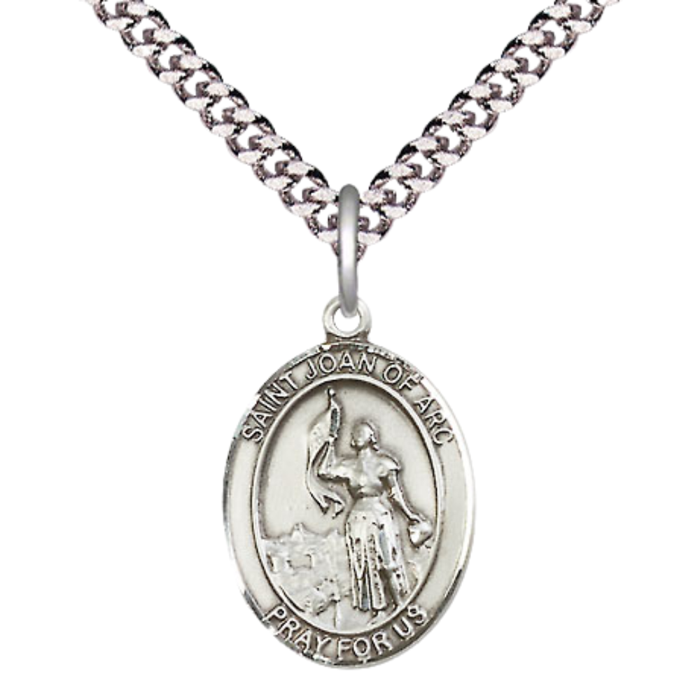 Mens Medium Oval Pewter Saint St. Joan of Arc Medal Pendant on 24 Inch Rhodium Plated Heavy Curb Brass Chain with Lobster Claw Clasp, Catholic Religious Necklace - Made in USA- Deluxe Velvet Gift Box