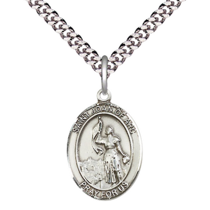 Medium Men's .925 Sterling Silver Saint St. Joan of Arc Medal Pendant on 24 Inch Endless Rhodium Plated Heavy Curb Brass Chain, Catholic Religious Necklace - Made in USA- Deluxe Velvet Gift Box