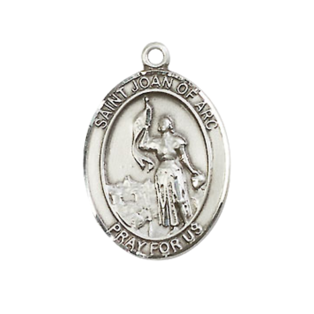 Everlasting Light Jewelry Medium Men's Pewter Saint St. Joan of Arc Medal Pendant on 24 Inch Endless Rhodium Plated Heavy Curb Brass Chain, Catholic Religious Necklace - Made in USA- Deluxe Velvet Gift Box