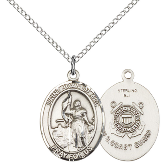 Medium Women's .925 Sterling Silver Saint St. Joan of Arc Coast Guard Pendant Necklace on 18- Inch Rhodium Plated Lite Curb Brass Chain – Patron Saint St. of Soldiers/France, Catholic Medal – Velvet Gift Box Included