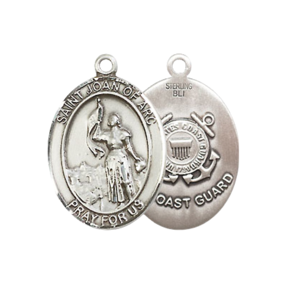 Medium Women's .925 Sterling Silver Saint St. Joan of Arc Coast Guard Pendant Necklace on 18- Inch Rhodium Plated Lite Curb Brass Chain – Patron Saint St. of Soldiers/France, Catholic Medal – Velvet Gift Box Included