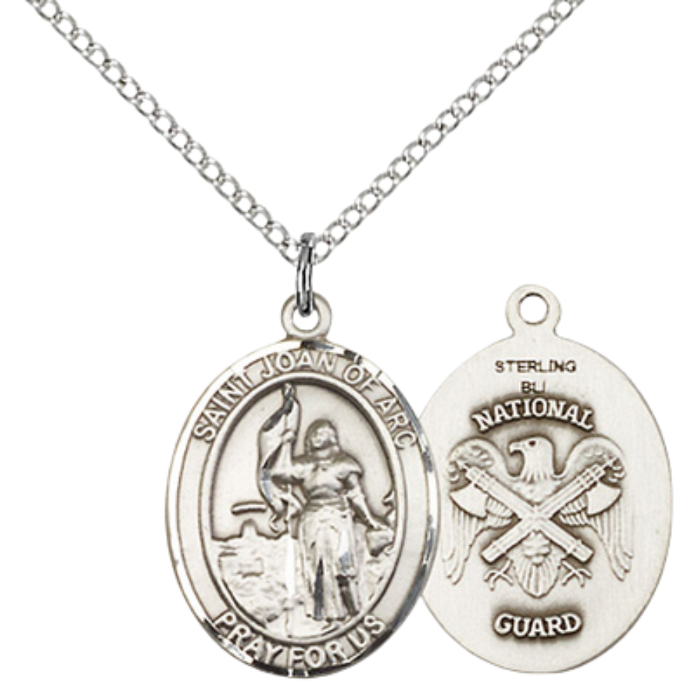 Medium Women's .925 Sterling Silver Saint St. Joan of Arc National Guard Pendant Necklace on 18Inch Rhodium Plated Lite Curb Brass Chain, Catholic Medal – Patron Saint St. of Soldiers/France – Velvet Gift Box Included