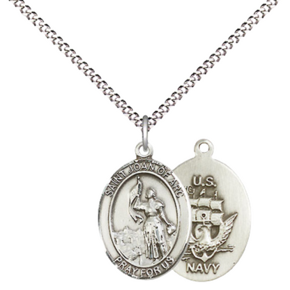 Everlasting Light Jewelry Medium Women's .925 Sterling Silver Saint St. Joan of Arc Navy Pendant Necklace on 18- Inch Rhodium Plated Lite Curb Brass Chain – Patron Saint St. of Soldiers/France, Catholic Medal – Velvet Gift Box Included