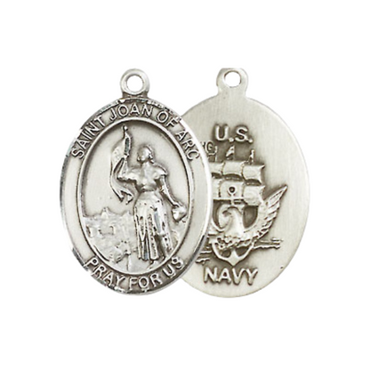 Everlasting Light Jewelry Medium Women's Pewter Saint St. Joan of Arc Navy Pendant Necklace on 18- inch Rhodium- Plated Lite Curb Brass Chain – Patron Saint St. of Soldiers/France, Catholic Medal – Velvet Gift Box Included