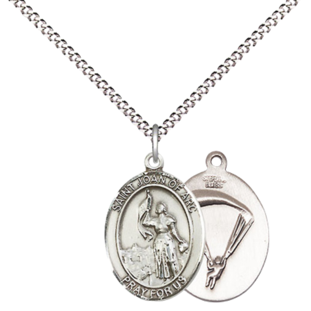 Everlasting Light Jewelry Medium Women's Pewter Saint St. Joan of Arc Paratrooper Pendant Necklace on 18- inch Rhodium- Plated Lite Curb Brass Chain – Patron Saint St. of Soldiers/France, Catholic Medal – Velvet Gift Box Included