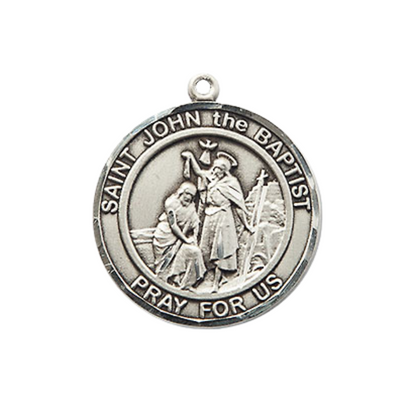 Medium Women's Pewter Saint St. John the Baptist Medal Pendant on 18 Inch Rhodium Plated Lite Curb Brass Chain w/ Lobster Claw clasp, Catholic Religious Necklace - Made in USA - Deluxe Velvet Gift Box