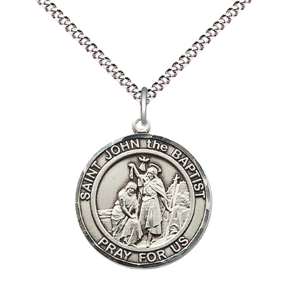 Medium Women's Pewter Saint St. John the Baptist Medal Pendant on 18 Inch Rhodium Plated Lite Curb Brass Chain w/ Lobster Claw clasp, Catholic Religious Necklace - Made in USA - Deluxe Velvet Gift Box