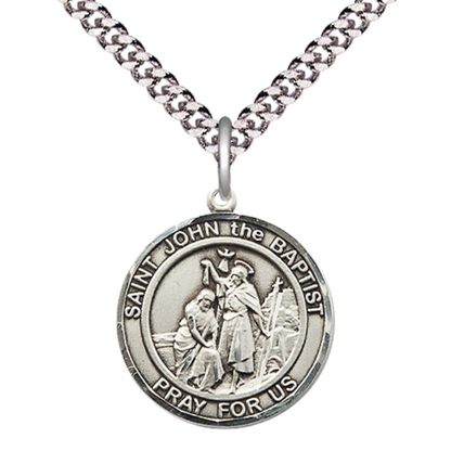 Mens Medium Round Pewter Saint St. John the Baptist Medal Pendant on 24 Inch Rhodium Plated Heavy Curb Brass Chain w/ Lobster Claw Clasp, Catholic Religious Necklace - Made in USA- Velvet Gift Box