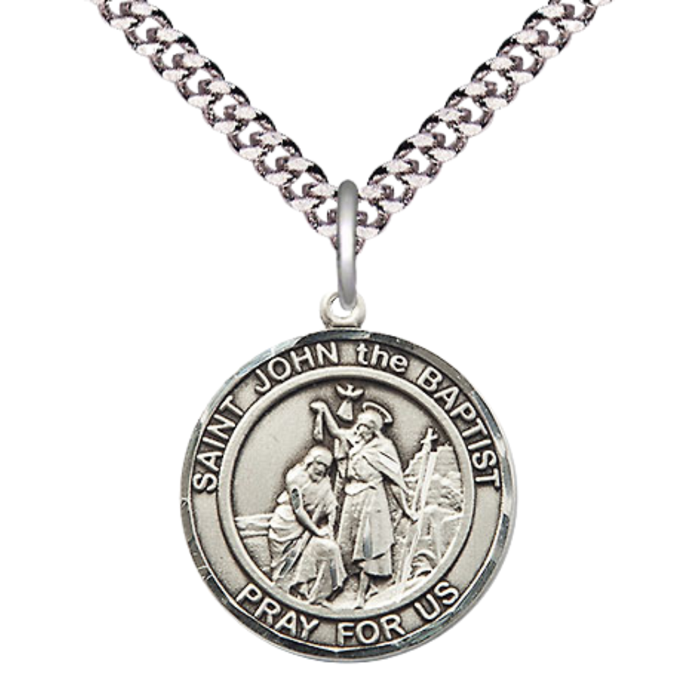 Medium Men's Pewter Saint St. John the Baptist Medal Pendant on 24 Inch Endless Rhodium Plated Heavy Curb Brass Chain, Catholic Religious Necklace - Made in USA- Deluxe Velvet Gift Box