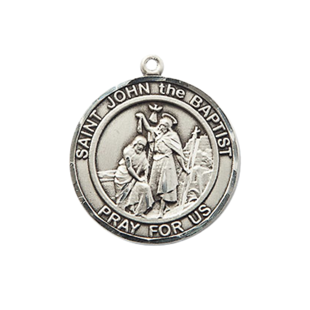Medium Men's Pewter Saint St. John the Baptist Medal Pendant on 24 Inch Endless Rhodium Plated Heavy Curb Brass Chain, Catholic Religious Necklace - Made in USA- Deluxe Velvet Gift Box