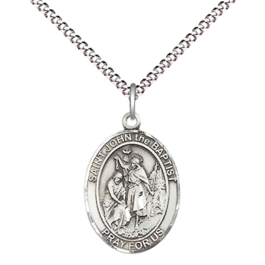 Everlasting Light Jewelry Medium Women's Pewter Saint St. John the Baptist Pendant Necklace on 18- inch Rhodium- Plated Lite Curb Brass Chain – Patron Saint St. of Auto Routes/Road Workers, Catholic Medal – Velvet Gift Box Included