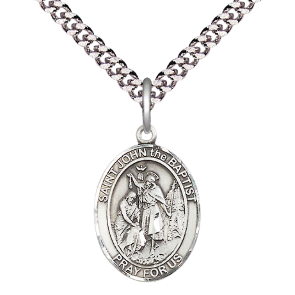 Medium Men's .925 Sterling Silver Saint St. John the Baptist Medal Pendant on 24 Inch Endless Rhodium Plated Heavy Curb Brass Chain, Catholic Religious Necklace - Made in USA- Deluxe Velvet Gift Box