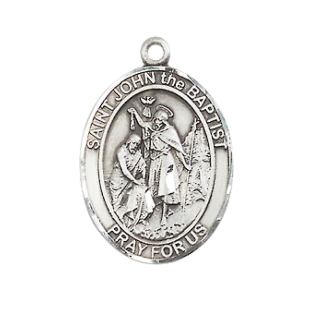 Medium Men's Pewter Saint St.John the Baptist Medal Pendant on 24 Inch Endless Rhodium Plated Heavy Curb Brass Chain, Catholic Religious Necklace -Made in USA - Deluxe Velvet Gift Box