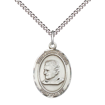 Medium Women's .925 Sterling Silver Saint St. John Bosco Pendant Necklace on 18- Inch Rhodium Plated Lite Curb Brass Chain – Patron Saint St. of Students and Apprentices, Catholic Medal – Velvet Gift Box Included