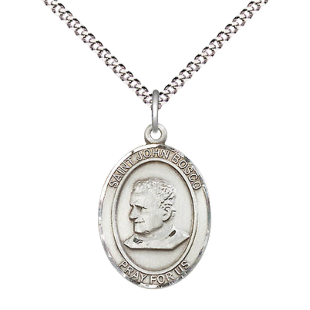 Everlasting Light Jewelry Medium Women's Pewter Saint St. John Bosco Pendant Necklace on 18- inch Rhodium- Plated Lite Curb Brass Chain – Patron Saint St. of Students/Apprentices, Catholic Medal – Velvet Gift Box Included