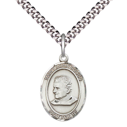 Everlasting Light Jewelry Medium Men's Pewter Saint St. John Bosco Medal Pendant on 24 Inch Endless Rhodium Plated Heavy Curb Brass Chain, Catholic Religious Necklace - Made in USA- Deluxe Velvet Gift Box