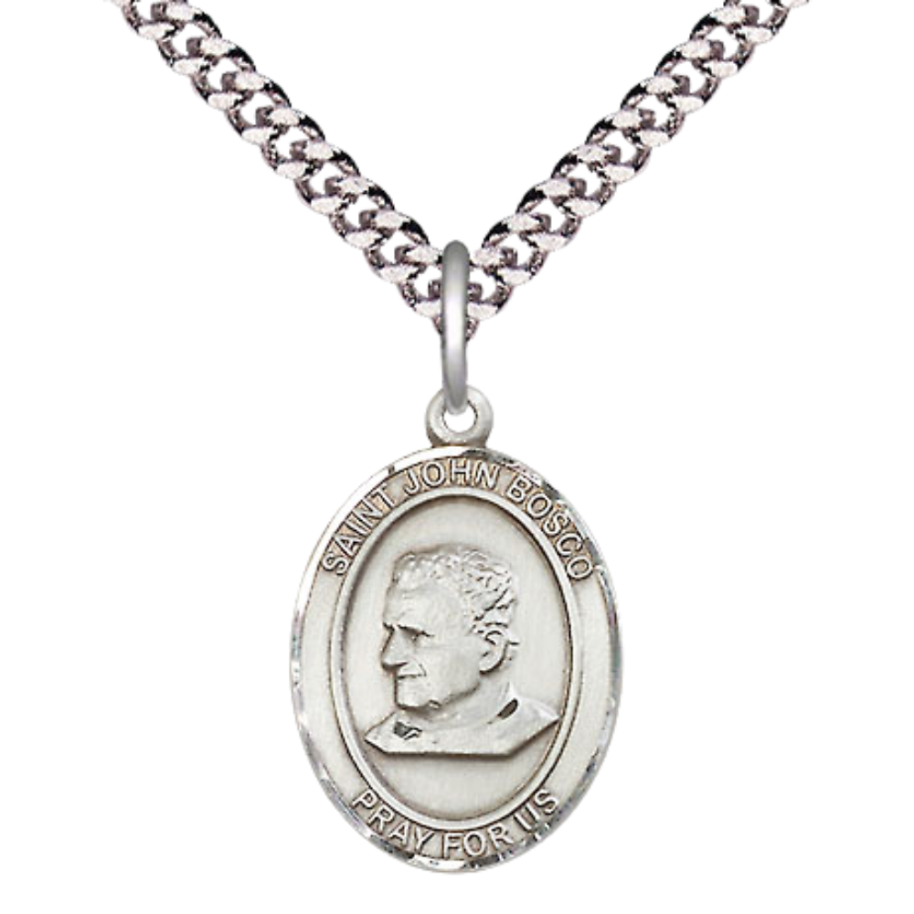 Medium Men's .925 Sterling Silver Saint St. John Bosco Medal Pendant on 24 Inch Endless Rhodium Plated Heavy Curb Brass Chain, Catholic Religious Necklace - Made in USA- Deluxe Velvet Gift Box