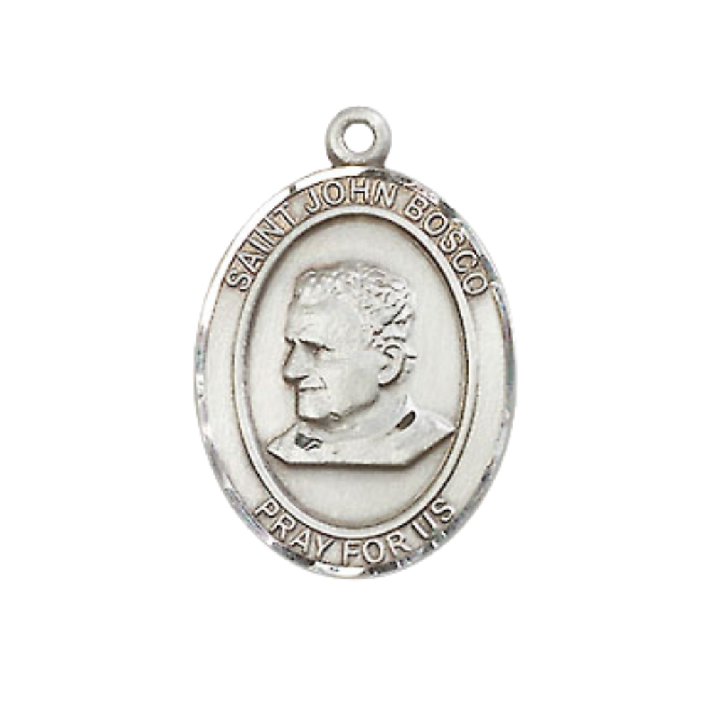 Mens Medium Oval .925 Sterling Silver Saint St. John Bosco Medal Pendant on 24 Inch Rhodium Plated Heavy Curb Brass Chain w/ Lobster Claw Clasp, Catholic Religious Necklace - Made in USA- Velvet Gift Box