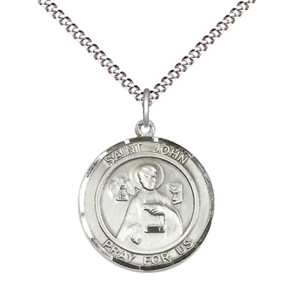 Medium Women's Pewter Saint St. John the Apostle Medal Pendant on 18 Inch Rhodium Plated Lite Curb Brass Chain w/ Lobster Claw clasp, Catholic Religious Necklace - Made in USA - Deluxe Velvet Gift Box