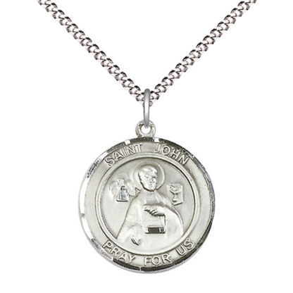 Medium Women's Pewter Saint St. John the Apostle Medal Pendant on 18 Inch Rhodium Plated Lite Curb Brass Chain w/ Lobster Claw clasp, Catholic Religious Necklace - Made in USA - Deluxe Velvet Gift Box