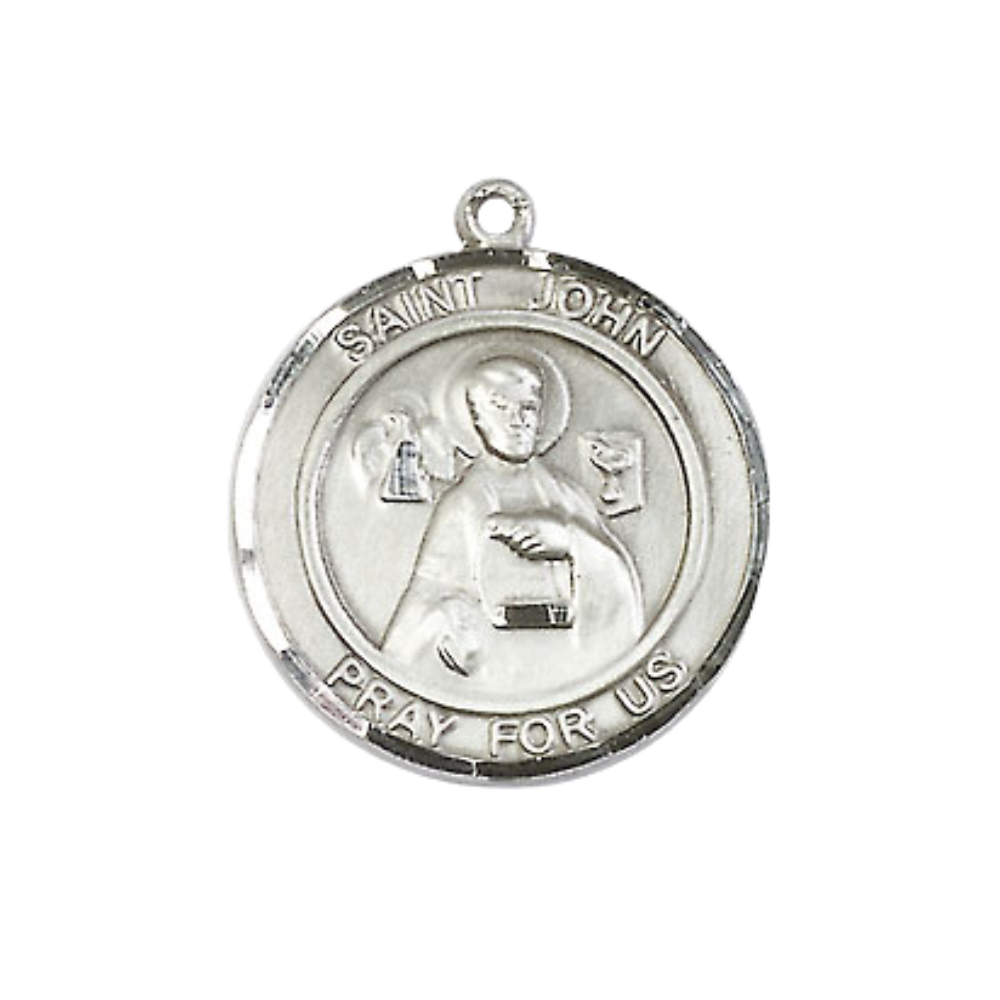 Medium Women's Pewter Saint St. John the Apostle Medal Pendant on 18 Inch Rhodium Plated Lite Curb Brass Chain w/ Lobster Claw clasp, Catholic Religious Necklace - Made in USA - Deluxe Velvet Gift Box