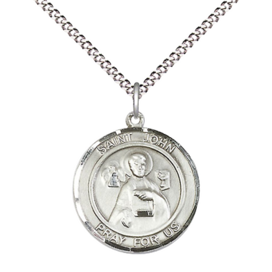 Medium Women's .925 Sterling Silver Saint St. John the Apostle Pendant Necklace on 18 Inch Rhodium- Plated Lite Curb Brass Chain with Lobster Claw Clasp, Catholic Medal - Patron Saint. of Engravers & Printers – Velvet Gift Box