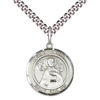 Mens Medium Round Pewter Saint St. John the Apostle Medal Pendant on 24 Inch Rhodium Plated Heavy Curb Brass Chain w/ Lobster Claw Clasp, Catholic Religious Necklace - Made in USA- Velvet Gift Box