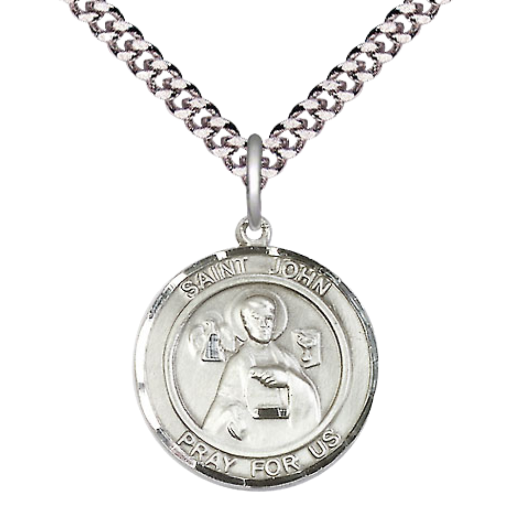Medium Men's .925 Sterling Silver Saint John the Apostle Medal Pendant on 24 Inch Endless Rhodium Plated Heavy Curb Brass Chain, Catholic Religious Necklace - Made in USA- Deluxe Velvet Gift Box
