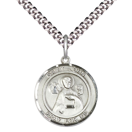 Medium Mens Round .925 Sterling Silver Saint St. John the Apostle Medal Pendant on 24 Inch Rhodium Plated Heavy Curb Brass Chain w/ Lobster Claw Clasp, Catholic Religious Necklace - Made in USA- Velvet Gift Box