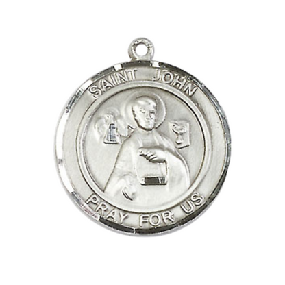 Medium Mens Round .925 Sterling Silver Saint St. John the Apostle Medal Pendant on 24 Inch Rhodium Plated Heavy Curb Brass Chain w/ Lobster Claw Clasp, Catholic Religious Necklace - Made in USA- Velvet Gift Box