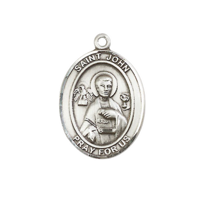 Medium Women's .925 Sterling Silver Saint St. John the Apostle Pendant Necklace on 18- Inch Rhodium Plated Lite Curb Brass Chain – Patron Saint St. of Engravers and Printers, Catholic Medal – Velvet Gift Box Included