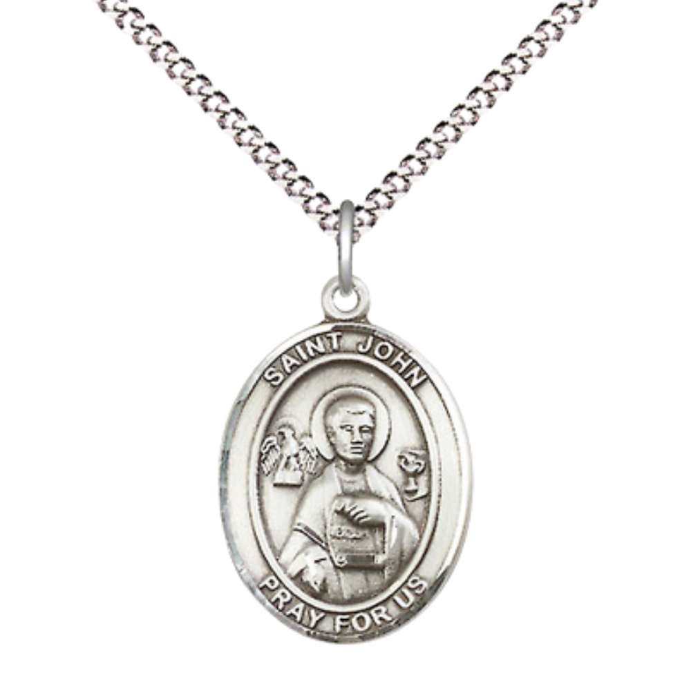 Everlasting Light Jewelry Medium Women's Pewter Saint St. John the Apostle Pendant Necklace on 18- inch Rhodium- Plated Lite Curb Brass Chain – Patron Saint St. of Engravers & Printers, Catholic Medal – Velvet Gift Box Included