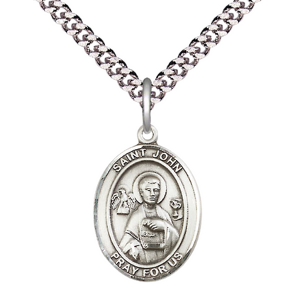 Medium Men's .925 Sterling Silver Saint St. John the Apostle Medal Pendant on 24 Inch Endless Rhodium Plated Heavy Curb Brass Chain, Catholic Religious Necklace - Made in USA- Deluxe Velvet Gift Box