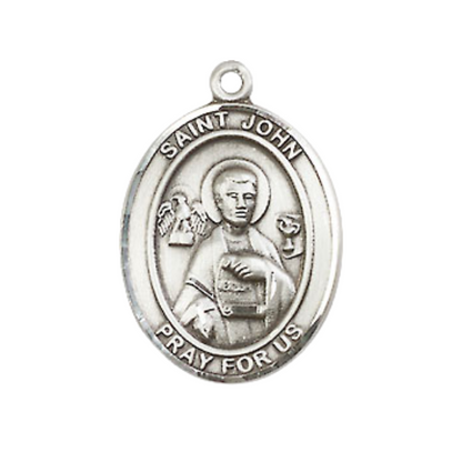 Medium Mens Oval .925 Sterling Silver Saint St. John the Apostle Medal Pendant on 24 Inch Rhodium Plated Heavy Curb Brass Chain w/ Lobster Claw Clasp, Catholic Religious Necklace - Made in USA- Velvet Gift Box