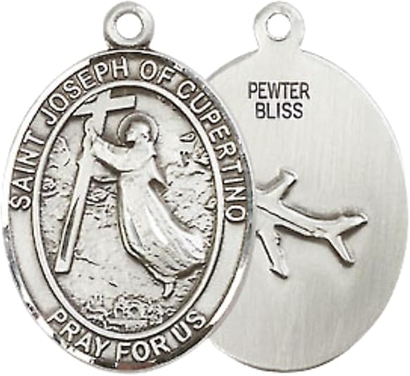 Everlasting Light Jewelry Medium Men's Pewter Patron Saint St.Joseph of Cupertino Medal Pendant with 24" Rhodium Plated Heavy Curb Chain Catholic Religious Necklace - Made in USA,Deluxe Velvet Gift Box
