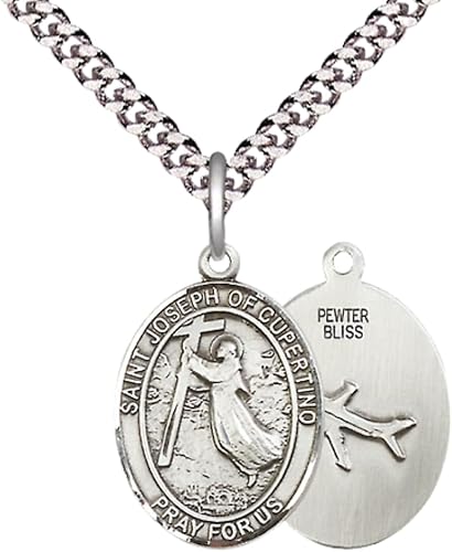 Everlasting Light Jewelry Medium Men's Pewter Patron Saint St.Joseph of Cupertino Medal Pendant with 24" Rhodium Plated Heavy Curb Chain Catholic Religious Necklace - Made in USA,Deluxe Velvet Gift Box
