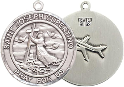 Medium Women's Pewter Saint St. Joseph of Cupertino Medal Pendant on 18 Inch Rhodium Plated Lite Curb Brass Chain w/ Lobster Claw clasp, Catholic Religious Necklace - Made in USA - Deluxe Velvet Gift Box