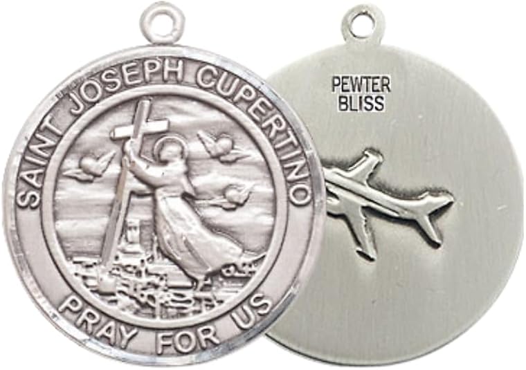 Medium Women's Pewter Saint St. Joseph of Cupertino Medal Pendant on 18 Inch Rhodium Plated Lite Curb Brass Chain w/ Lobster Claw clasp, Catholic Religious Necklace - Made in USA - Deluxe Velvet Gift Box
